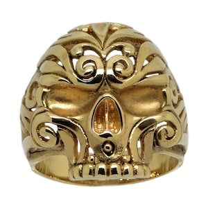 Bague tête de mort en or jaune 10 carats : bijoux de motard floraux faits main