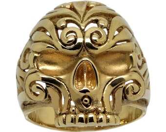 10K Yellow Gold Sugar Skull Ring: Handmade Floral Biker Jewelry