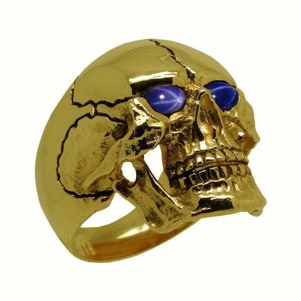 Solid Yellow Gold Ring, Skull Ring, Sapphire Skull Ring, Biker Skull Ring, Harley Ring, Masonic Skull, Biker Jewelry, 14K Gold Skull Ring