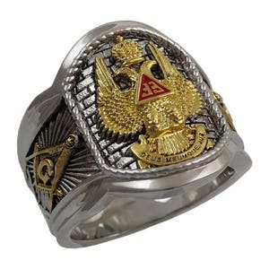 Scottish Rite 33 Degree Masonic Ring, 18k Gold Plated Master Mason, Custom Double Eagle, White & Yellow Finish, Handcrafted BR-23