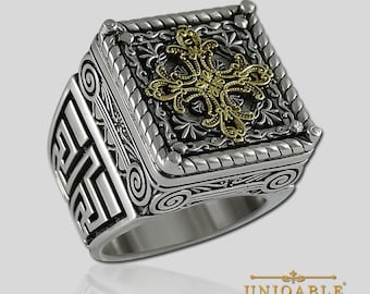 Anillo de cruz romana de plata de ley hecho a mano: diseño de columna jónica bañado en oro de 18 quilates