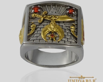 Shriner Masonic Ring: 925 Sterling Silver, 18K Gold Plated, Handmade USA