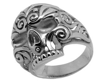 Sterling Silver Floral Skull Ring: Handmade Biker Jewelry