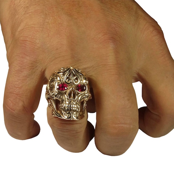 Gold Skull Ring 14K Solid Yellow White Gold Ring Full Jaw