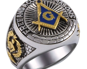 Men's 10k Yellow Gold Freemason Ring - Square & Compass Blue Stone Masonic Ring, Size 7.5