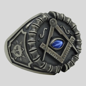Handmade Sterling Silver 925 Masonic All Seeing Eye Ring with Natural Blue Star Sapphire, Antique Men’s Freemason Ring, Rustic Finish