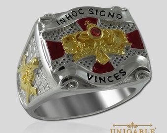 UNIQABLE KNIGHTS TEMPLAR Sterling Silver 925 Masonic Gold Plated Cross Crown Ring