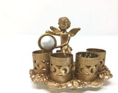 Vintage Estate Gold Tone Faux Pearl Filigree Angel Cherub Lipstick Holder
