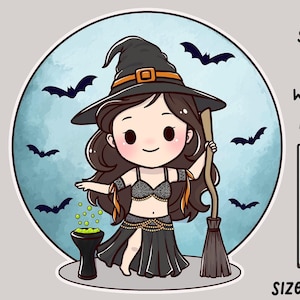 Op de afbeelding: Een heks gekleed in een zwart en gouden buikdanskostuum met een zwarte heksenhoed en een bezem. Ze houdt een ketel vast met groene rook die eruit komt. De tekst "SPOOKTACULAR BELLY DANCE WITCH LAPEL PIN NOW AVAILABLE" staat boven de afbeelding. De tekst "Size: 1.46" X 1.5" staat onder de afbeelding. De afbeelding toont een close-up van een witte reversbadge met een zwarte pin achterkant.
