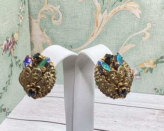 Vintage West Germany Filigree Iridescent Gold Tone Clip On Earrings