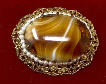 Vintage West Germany Brownish Swirls Filigree Faux Pearls Gold Tone Brooch