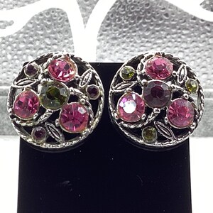 Vintage *Floral Designed Pink Rhinestone Silver Tone Clip Earrings