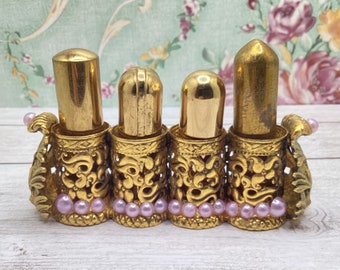 Vintage Filigree Lavender Stones Gold Tone Lipstick Holder