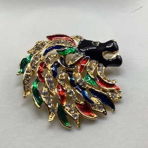 Vintage Large Enamel & Rhinestone Gold Tone LION Brooch Pin