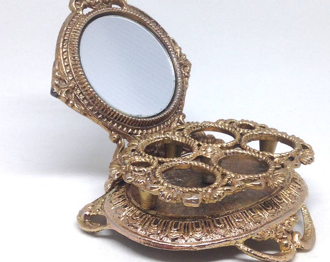 Vintage CELESTE Antique Brass Lipstick Holder With Mirror