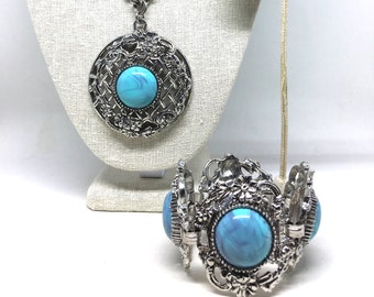 Vintage Faux Turquoise Thick Silver Tone Necklace Bracelet & Earrings Set