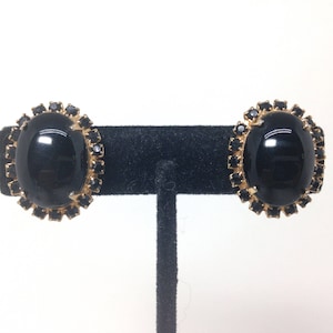 Vintage Alice Caviness Black Clear Rhinestone Gorgeous Clip On Earrings