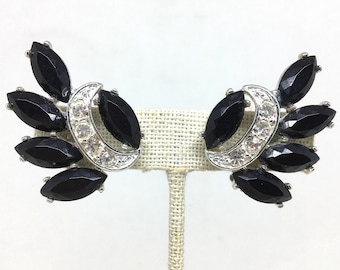 Vintage Signed SARAH COV Black Mourning Glass Clip Earrings