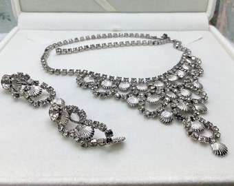 Vintage Rhinestone Silver Tone High End Necklace and Earrings Set