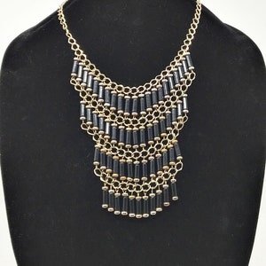 Vintage Egyptian Black Revival Fringe Bib Necklace