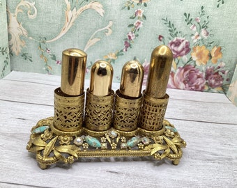 Vintage Green Beads and Rhinestone Gold Tone Lipstick Holder