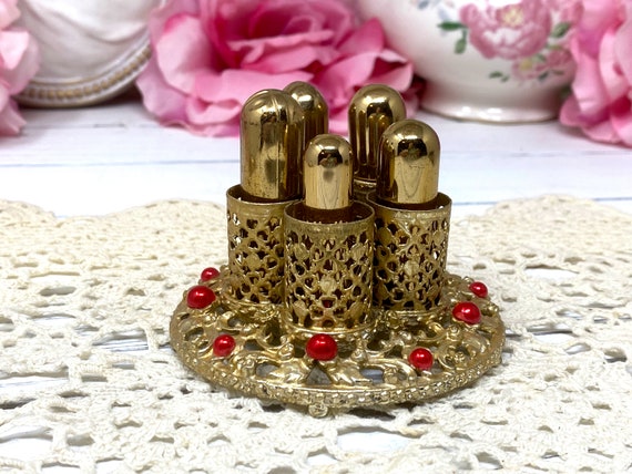 Vintage Filigree Round Red Beads Gold Tone Lipsti… - image 4