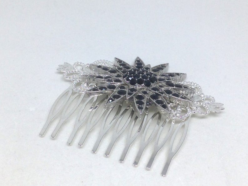 Estate Black Rhinestone Star Silvertone Brooch On Filigree Hair Comb