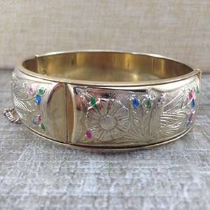 Vintage Engraved Gold Tone Bangle Bracelet with Safety Chain