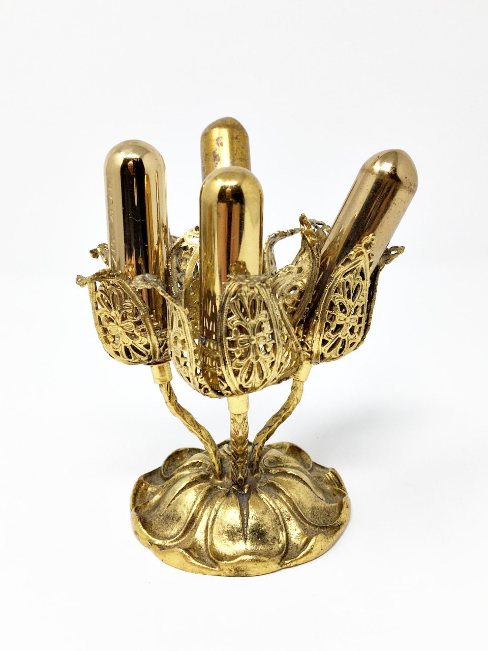 Vintage Tulip Four Lipstick Holder Brass Vanity Four Filigree 