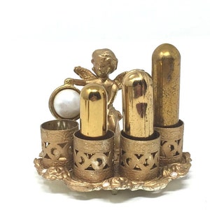 Vintage Filigree Faux Pearl Roses Angel Cherub Lipstick Holder