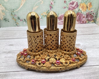 Vintage Filigree Dark Pinkish Beaded Gold Tone Lipstick Holder