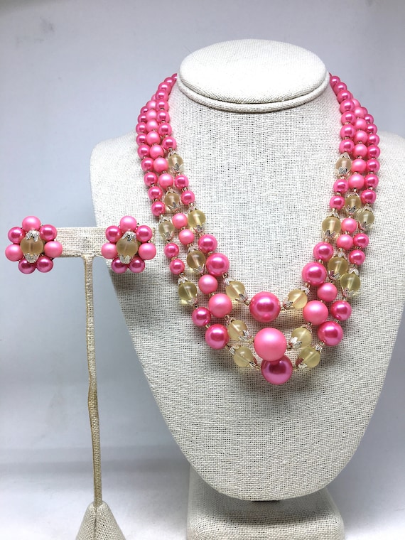 Vintage Japan Set Pink Three Strand Beaded Neckla… - image 1