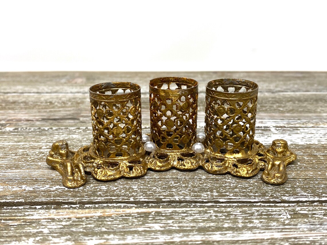Vintage Filigree Two Cherubs Faux Pearls Lipstick Holder Etsy