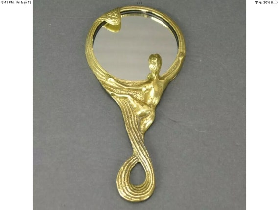 Vintage Art Nouveau Deco Style Brass Hand Mirror … - image 1