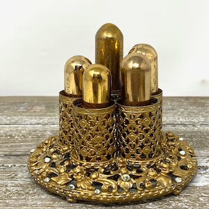 Vintage SF Filigree Vanity Lipstick Holder Clear Rhinestones Roses