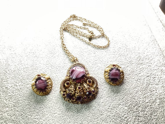 Vintage W Germany Purple Striated Art Glass & Crystal Necklace - Etsy