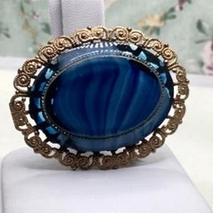 Schmuck Signiert Western Germany Blaue Schlacke Glas Strass Filigrane Gold Ton Pin