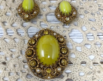 Vintage Rare West Germany 1940s Rhinestone and Yellow Brooch and Earrings Set