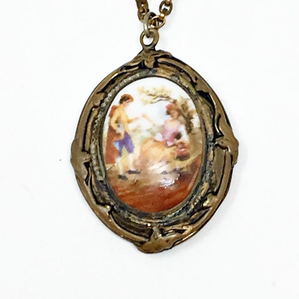 Alemania Occidental Victorian Porcelain Locket Cameo Filigree Broche