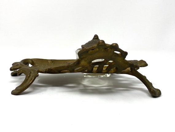 Vintage Ornate Solid Brass Inkwell Victorian Crys… - image 2