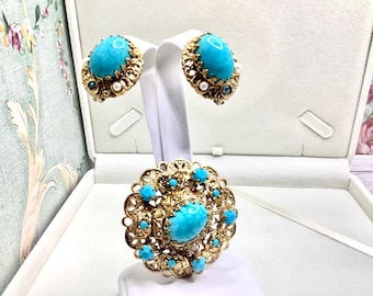 Vintage West Germany Turquoise Rhinestone Faux Pearl Brooch & Clip Earrings