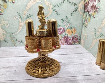 Vintage SF Gold Filigree Cherub Red and Faux Pearls Gold Tone Lipstick Holder