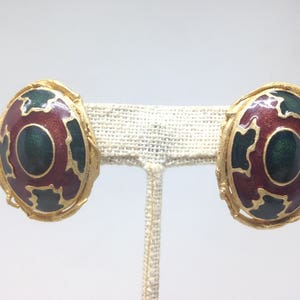 Vintage* Estate Green Red Enamel Gorgeous Gold Tone Pierced Earrings