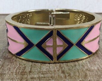 Vintage Turquoise Blue Pink Enamel Gold Tone Clamper Bracelet