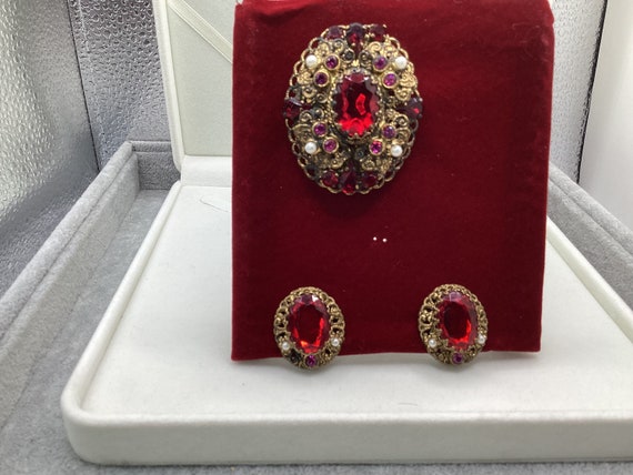 Vintage-West Germany Red Rhinestones Faux Pearls … - image 1