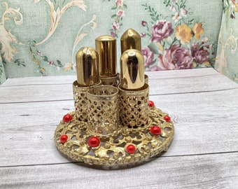 Vintage Filigree Round Red Beads Gold Tone Lipstick Holder