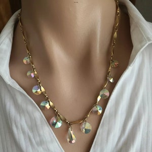 Vintage Sarah Coventry Gold Tone AB Glass Dangle Rhinestones Chain Necklace