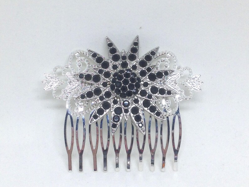 Estate Black Rhinestone Star Silvertone Brooch On Filigree Hair Comb