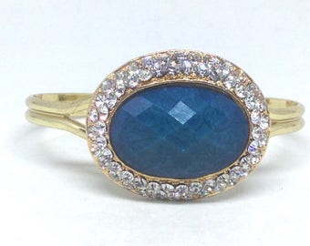 Vintage  Blue Cab With Surrounded Clear Rhinestones  Gold Tone Cuff