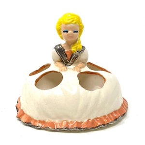 Vintage Handpainted Ceramic Southern Girl in Peach Dress Lipstick Holder Caddy